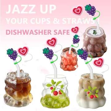 YUHANOER Christmas Glass Cups with Bamboo Lids and Glass Straw&Straw Cover 2pcs Set-12oz Grape Shaped Drinking Glasses for Smoothie Cup,Beer,Iced Coffee,Juice glasses,Cocktail,Whiskey Christmas gifts