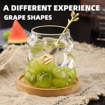 YUHANOER Christmas Glass Cups with Bamboo Lids and Glass Straw&Straw Cover 2pcs Set-12oz Grape Shaped Drinking Glasses for Smoothie Cup,Beer,Iced Coffee,Juice glasses,Cocktail,Whiskey Christmas gifts