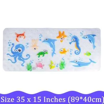 BeeHomee Cartoon Non Slip Bathtub Mat for Kids - 34x15 Inch XL Large Size Anti Slip Shower Mats for for Toddlers Children Baby Floor Tub Mats (Blue Ocean)