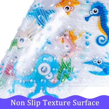 BeeHomee Cartoon Non Slip Bathtub Mat for Kids - 34x15 Inch XL Large Size Anti Slip Shower Mats for for Toddlers Children Baby Floor Tub Mats (Blue Ocean)