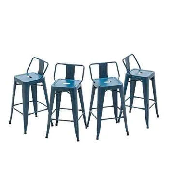 HAOBO Home 30" Metal Bar Stools Industrial Barstools Counter Height Stools for Indoor/Outdoor Barstools [Set of 4] (30", Low Back Distressed Navy)