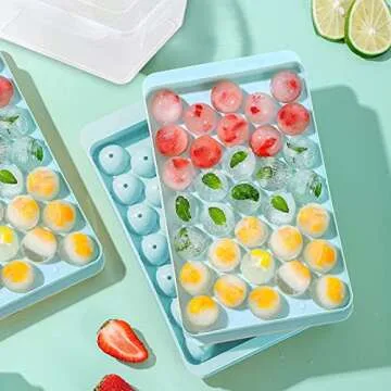 Ice Cube Trays with Lid & Bin,Ice Ball Molds for Freezer,Round Ice Tray Making 99 x 1.0IN Small ice Maker Mini Circle Ice Cubes Mold,Crushed Ice Tray for Chilling Drink Coffee Whiskey & Tea (BL)