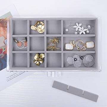 misaya Earring Jewelry Organizer with 5 Drawers, Christmas Day Present, Clear Acrylic Jewelry Box for Women, Velvet Earring Display Holder for Earrings Ring Bracelet Necklace, Gray