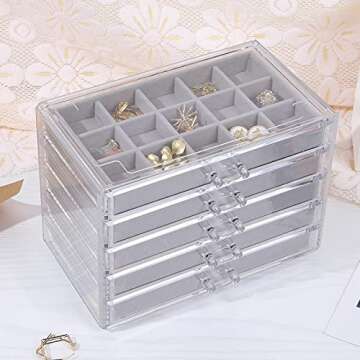 misaya Earring Jewelry Organizer with 5 Drawers, Christmas Day Present, Clear Acrylic Jewelry Box for Women, Velvet Earring Display Holder for Earrings Ring Bracelet Necklace, Gray
