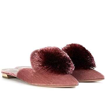 Divanne Mules for Women, Puff Pompom-Embellished Slip On Loafers Backless Pointed Toe Satin Mule Slides-Antique Rose-8M US