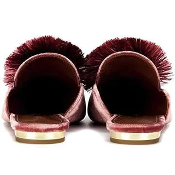 Divanne Mules for Women, Puff Pompom-Embellished Slip On Loafers Backless Pointed Toe Satin Mule Slides-Antique Rose-8M US