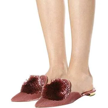 Divanne Mules for Women, Puff Pompom-Embellished Slip On Loafers Backless Pointed Toe Satin Mule Slides-Antique Rose-8M US