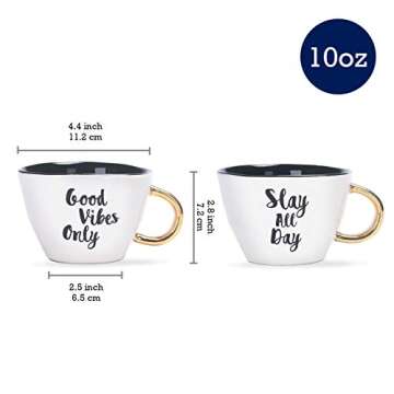 Bico Handcrafted Good Vibes Only-Slay All Day Ceramic Stoneware 10oz Coffee Mugs with Gold Plated Handle, Set of 2, Microwave Safe