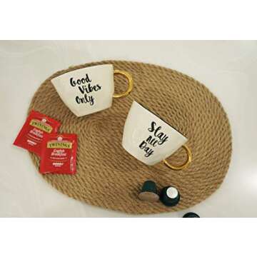 Bico Handcrafted Good Vibes Only-Slay All Day Ceramic Stoneware 10oz Coffee Mugs with Gold Plated Handle, Set of 2, Microwave Safe