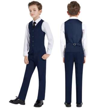 Plavict Boys' Slim Fit Suit Set, Darkblue, 5 Pieces Including Adjustable Waist Pants, Blazer, Vest, Shirt, Bow Tie & Pocket Square
