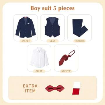 Plavict Boys' Slim Fit Suit Set, Darkblue, 5 Pieces Including Adjustable Waist Pants, Blazer, Vest, Shirt, Bow Tie & Pocket Square