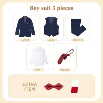 Plavict Boys' Slim Fit Suit Set, Darkblue, 5 Pieces Including Adjustable Waist Pants, Blazer, Vest, Shirt, Bow Tie & Pocket Square