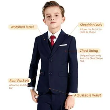 Plavict Boys' Slim Fit Suit Set, Darkblue, 5 Pieces Including Adjustable Waist Pants, Blazer, Vest, Shirt, Bow Tie & Pocket Square
