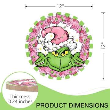 Deroro Christmas Cartoon Character Front Door Sign, Pink Green Xmas Wood Door Hanger Outdoor Outside...