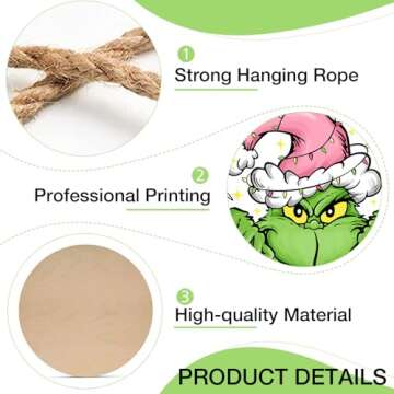 Deroro Christmas Cartoon Character Front Door Sign, Pink Green Xmas Wood Door Hanger Outdoor Outside Porch Decor, Funny Holiday Wooden Wreath Indoor Wall Hanging Decoration