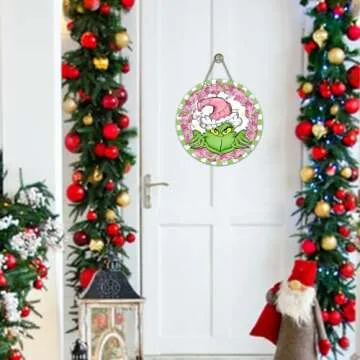 Deroro Christmas Cartoon Character Front Door Sign, Pink Green Xmas Wood Door Hanger Outdoor Outside Porch Decor, Funny Holiday Wooden Wreath Indoor Wall Hanging Decoration