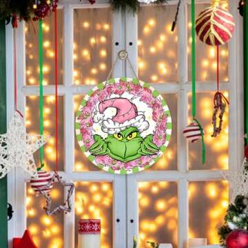Deroro Christmas Cartoon Character Front Door Sign, Pink Green Xmas Wood Door Hanger Outdoor Outside Porch Decor, Funny Holiday Wooden Wreath Indoor Wall Hanging Decoration