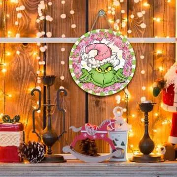Deroro Christmas Cartoon Character Front Door Sign, Pink Green Xmas Wood Door Hanger Outdoor Outside Porch Decor, Funny Holiday Wooden Wreath Indoor Wall Hanging Decoration