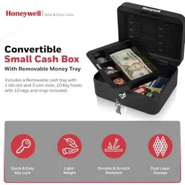 Honeywell Safes & Door Locks - Convertible Small Cash Box with Removable Money Tray - Durable Lock Box with Storage Under Tray & 10 Key hooks - Metal Money Safe with Key Lock - Black, 0.1 CU - 6111