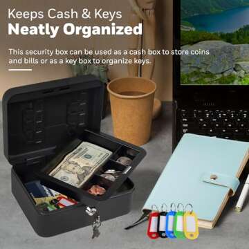 Honeywell Safes & Door Locks - Convertible Small Cash Box with Removable Money Tray - Durable Lock Box with Storage Under Tray & 10 Key hooks - Metal Money Safe with Key Lock - Black, 0.1 CU - 6111
