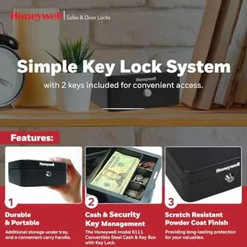 Honeywell Safes & Door Locks - Convertible Small Cash Box with Removable Money Tray - Durable Lock Box with Storage Under Tray & 10 Key hooks - Metal Money Safe with Key Lock - Black, 0.1 CU - 6111