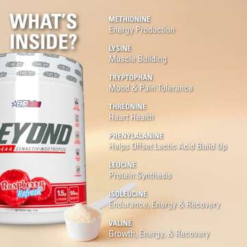 EHP Labs Beyond BCAA Powder Amino Acids Post Workout Recovery - BCAAs Essential Amino Acids EAA Supplements Powder - 10g Amino Acids Supplement for Muscle Recovery, 60 Servings (Raspberry Refresh)