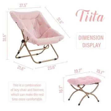 Tiita Comfy Saucer Chair, Soft Faux Fur Oversized Folding Accent Chair, Lounge Lazy Chair for Kids Teens Adults, Metal Frame Moon Chair for Bedroom, Living Room, Dorm Rooms, X-Large Pink