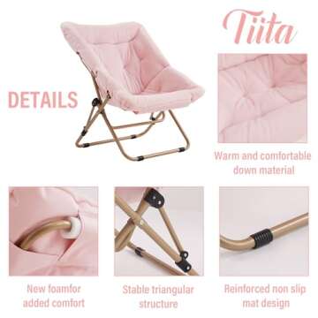 Tiita Comfy Saucer Chair, Soft Faux Fur Oversized Folding Accent Chair, Lounge Lazy Chair for Kids Teens Adults, Metal Frame Moon Chair for Bedroom, Living Room, Dorm Rooms, X-Large Pink