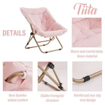 Tiita Comfy Saucer Chair, Soft Faux Fur Oversized Folding Accent Chair, Lounge Lazy Chair for Kids Teens Adults, Metal Frame Moon Chair for Bedroom, Living Room, Dorm Rooms, X-Large Pink