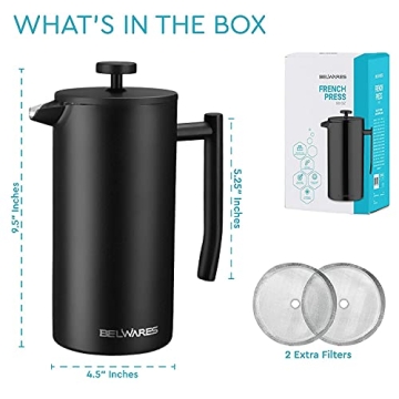 Belwares 50 OZ French Press Coffee Maker Stainless Steel Insulated