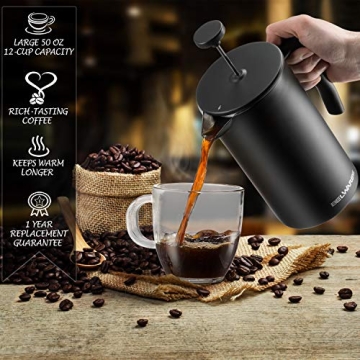 Belwares 50 OZ French Press Coffee Maker Stainless Steel Insulated