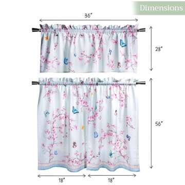 Maison d' Hermine Blossoms in Spring 100% Cotton Set of 3 Kitchen Window Curtain for Cafe Kitchen Bedroom Home [2 Tiers (28"X36") and 1 Valance (56"X18")]