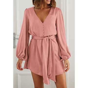 PRETTYGARDEN Women's Spring Long Puff Sleeve Satin Dress V Neck Cocktail Party Belted Short Formal D...