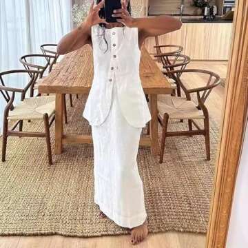 Two Piece Sets for Women Summer Old Money Long Vest Set Boho Maxi Skirt Set Linen Set 2 Piece Sets for Women Going Out (White-1,S,Small)