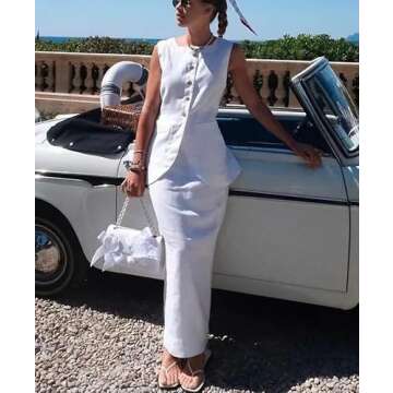 Two Piece Sets for Women Summer Old Money Long Vest Set Boho Maxi Skirt Set Linen Set 2 Piece Sets for Women Going Out (White-1,S,Small)