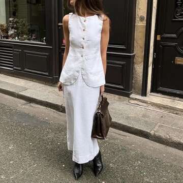 Two Piece Sets for Women Summer Old Money Long Vest Set Boho Maxi Skirt Set Linen Set 2 Piece Sets for Women Going Out (White-1,S,Small)