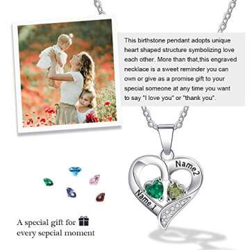 Zomodia Sterling Silver Personalized 2 Names Necklace with 2 Heart Simulated Birthstone Couple Pendant Necklace for Women (Silver)