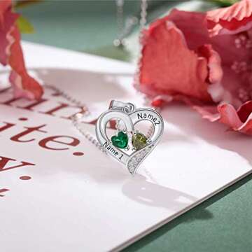 Zomodia Sterling Silver Personalized 2 Names Necklace with 2 Heart Simulated Birthstone Couple Pendant Necklace for Women (Silver)