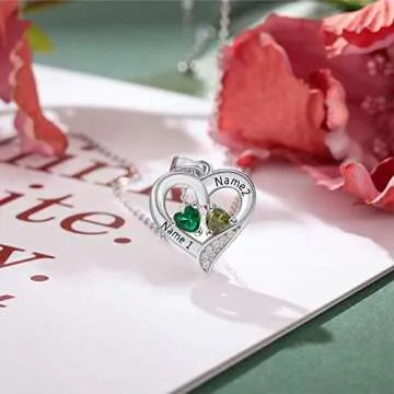 Zomodia Sterling Silver Personalized 2 Names Necklace with 2 Heart Simulated Birthstone Couple Pendant Necklace for Women (Silver)