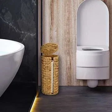 Graciadeco Stand Toilet Paper Storage with Lid Spare Extra 3 Rolls of Toilet Tissue Holder Free Standing Water Hyacinth Wciker Toilet Paper Organizer Basket for Bathroom