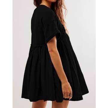 MINSURE Women's Summer Babydoll Mini Dress Short Sleeve Crewneck Tshirt Dress Casual Patchwork Dress with Pockets(Black-XS)