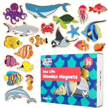 SPARK & WOW Wooden Magnets - Sea Life - Set of 20 - Fun and Educational Magnets for Kids Ages 2+