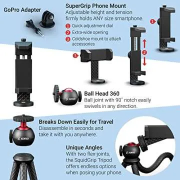 Xenvo SquidGrip Flexible Cell Phone Tripod and Portable Action Camera Holder - Compatible with iPhone, GoPro, Android, Samsung, Google Pixel and All Mobile Phones Red