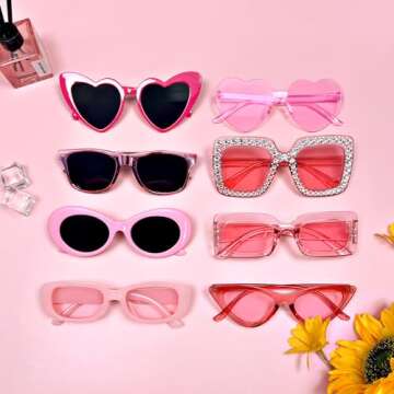 Pibupibu Pink Sunglasses for Women, 8 Pack Party Sunglasses Adult Pink Party Glasses Bulk Trendy Cute Costume Accessories Eyewear Set