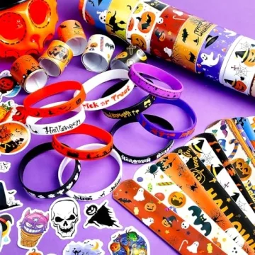 LUYI 98 PCS Halloween Slap Bracelets Set for Kids in Fun Styles