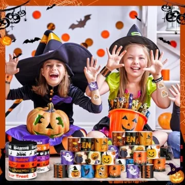 LUYI 98 PCS Halloween Slap Bracelets Set for Kids in Fun Styles