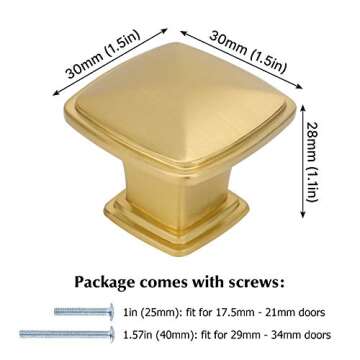 goldenwarm Brushed Brass Cabinet Knobs 10Pack - LS8791GD Solid Square Drawer Knobs Kitchen Gold Cabinet Knobs Gold Knobs for Dresser Hardware 1.2inch Width