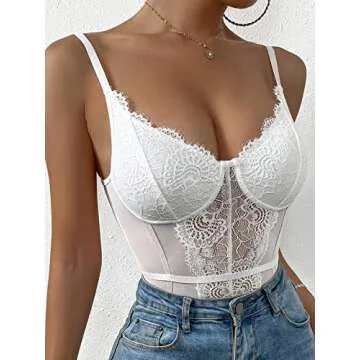 SOLY HUX Women's Sexy Floral Lace Bodysuit Sheer Mesh Shapewear Skinny Top Camisole Corset Bodysuit White M