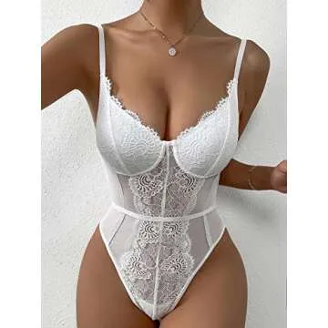 SOLY HUX Women's Sexy Floral Lace Bodysuit Sheer Mesh Shapewear Skinny Top Camisole Corset Bodysuit White M
