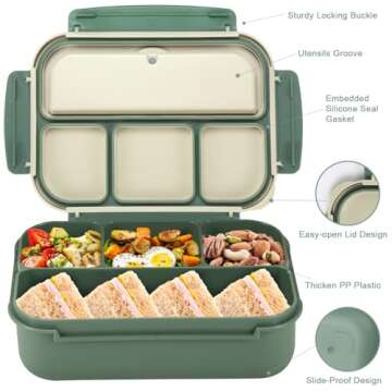 Bento Box Adult Lunch Box, Lunch Containers for Kids Girls Boys with 4 Compartments, Lunchable Food Container with Utensils, Sauce Jar, Muffin Liners, 40 Oz/5 Cup, Microwave & Dishwasher Safe, Green